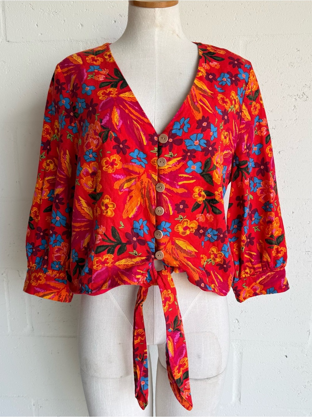Maison D’amelie Tie-Front Floral Button Blouse Red Medium long sleeves Linen